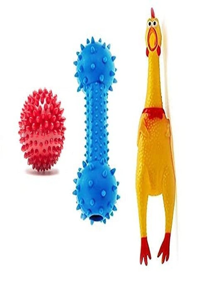 Pups&Pets ألعاب مضغ مطاطية للكلاب والجراء من Pups&Pets - لعبة حلقة، دمبل سيليكون، لعبة دجاجة تصدر صوتاً (عبوة من 3 قطع) - متعددة الألوان - Image 1